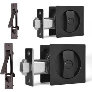 Dontay 2 Pack Pocket Door Privacy Lock, Flush Handles, 2-3/8" Backset, (Bed/Bath) Latch, Recessed Knob, Hardware for 1 3/8 to 2 3/16 Thickness Door (Including Edge Pull, Matte Black, Square)