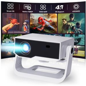 Projector With Wifi And Bluetooth, Built in Apps 4K Support Smart OS Portable Bedroom Projector Native 1080P with 120 Rotation, 20000Lu Auto Keystone & E Focus Movie Mini Proyector for Outdoor Indoor