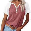 Womens Shirts Summer Henley V Neck Color Block Tshirts Raglan Short Sleeve Casaul Trendy Tops (Red)