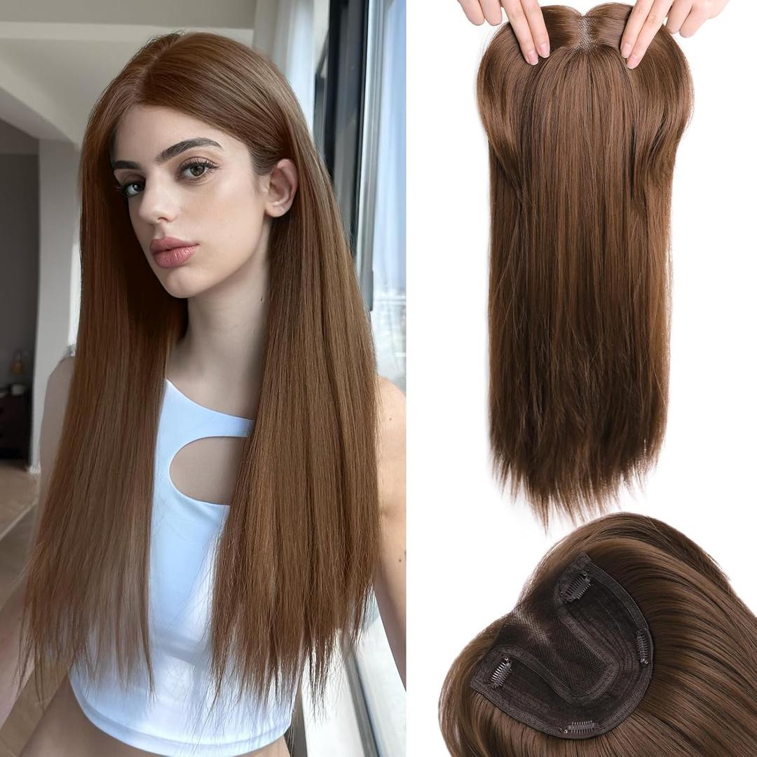 Toppers Hair Pieces for Women 24 Inch Long Straight Top Hair Pieces Hair Extensions Clip Ins Layered Wig Toppers for Thinning Hairs Synthetic Hairline Topper Clip on Hair Topper Copper Brown