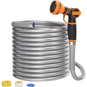 Giraffe Tools Garden Hose 100ft x 3/4", 304 Stainless Steel Metal Water Hose, No Kink Garden Water Hose with 9 Pattern Spray Nozzle, Flexible, Lightweight, Kink Free Hose for Yard, Outdoor