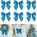 AIMUDI Blue Glitter Wired Ribbon Bows with Twist Tie 5.5" Premade Metallic Christmas Bows for Gift Wrapping, Wreath, Garland, Holiday Crafts Party Home Outdoor Christmas Tree Decorations, 12 PCs