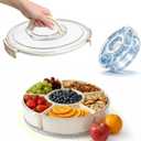 Vegetable Serving Tray with Lid and Handle, 12-Inch Rotating Fruit Tray with 5 Divided Sections & Center Bowl, Round Veggie Tray Container for Family Snacks, Parties & Movie Nights