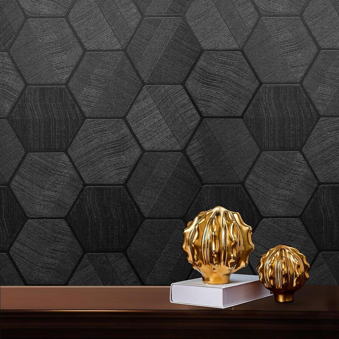 Self Adhesive Black Peel and Stick Wallpaper 15.7" X 197" 3D Hexagon Geometric Embossed Contact Paper Removable Easy Peel Off Wallpaper Textured Wall Paper for Cabinet Bedroom