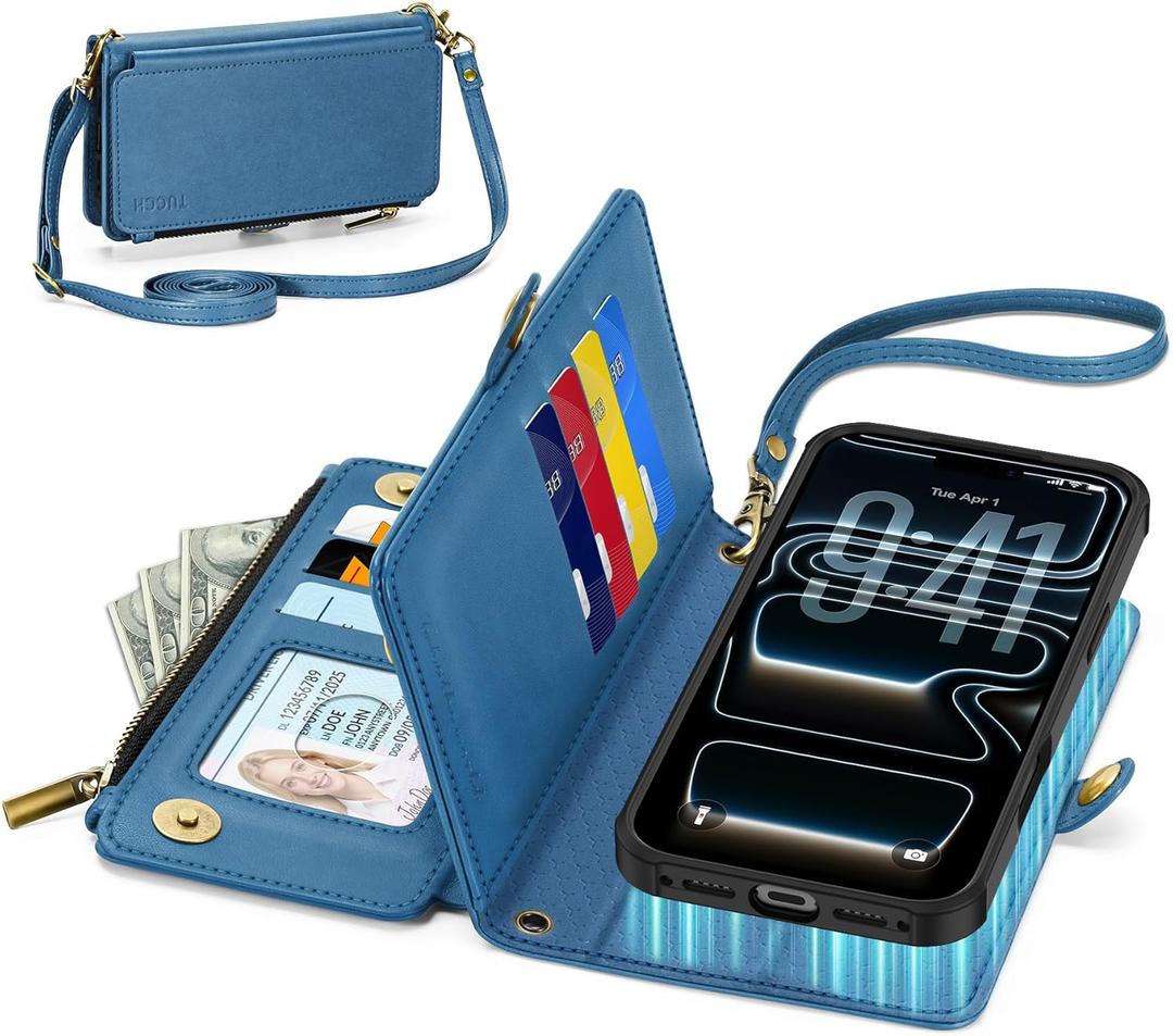 TUCCH Removable Crossbody Case Wallet for iPhone 17 Pro Max 6.9" 2025, Wireless Charging, RFID Blocking 10 Card Slots, Lanyard, Wrist Strap, Zipper Pocket, PU Leather, Stand Magnetic Cover, Light Blue