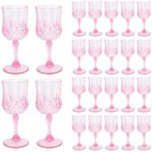 CHLJAR 24 PCS Plastic Pink Wine Glasses Goblets Pink Vintage Wine Glasses, Reusable Drinkware Vintage Champagne, Plastic Goblets for Parties for Wedding Reception Grand Event Party, 7oz