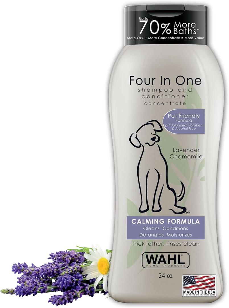 Wahl USA 4-in-1 Calming Dog Shampoo with Lavender Chamomile Scent  Cleans, Conditions, Detangles, & Moisturizes - Pet Friendly Formula - 24 Oz - Model 820000A