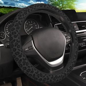 KARREAL Black Leopard Print Cheetah Elastic Steering Wheel Cover, Non-slip Breathable Neoprene Steering Wheel Covers, Women Leopard Car Accessories, Universal 15 Inch Fit Auto, Suvs, Truck