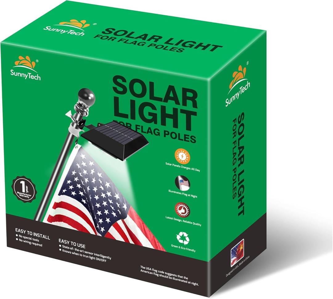 Sunnytech Solar Power Flag Light - Auto Active Brightest, Upgrade Solar Powered Light for 6ft Flag Pole, 12LED Waterproof Black