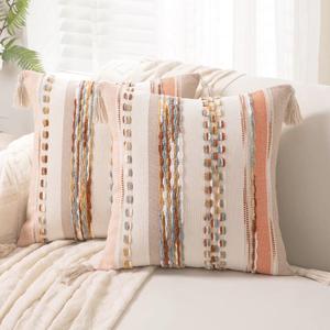 Boho Throw Pillow Covers 18x18 Set of 2 Woven Tufted Farmhouse Pillows Cover with Tassels Textured Striped Cushion Case Neutral Pillow Cases Decorative Pillowcase for Sofa Couch Bed,Orange