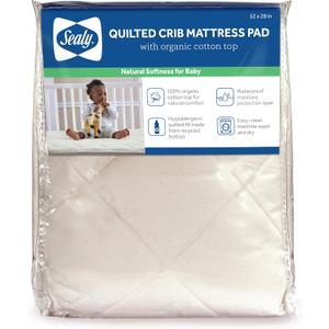 Sealy Baby Quilted Organic Cotton Top Breathable Fitted Waterproof Infant Crib Mattress Protector Pad and Toddler Bed Cover, Durable and Comfortable Topper, Machine Washable, 52” x 28”- Cream
