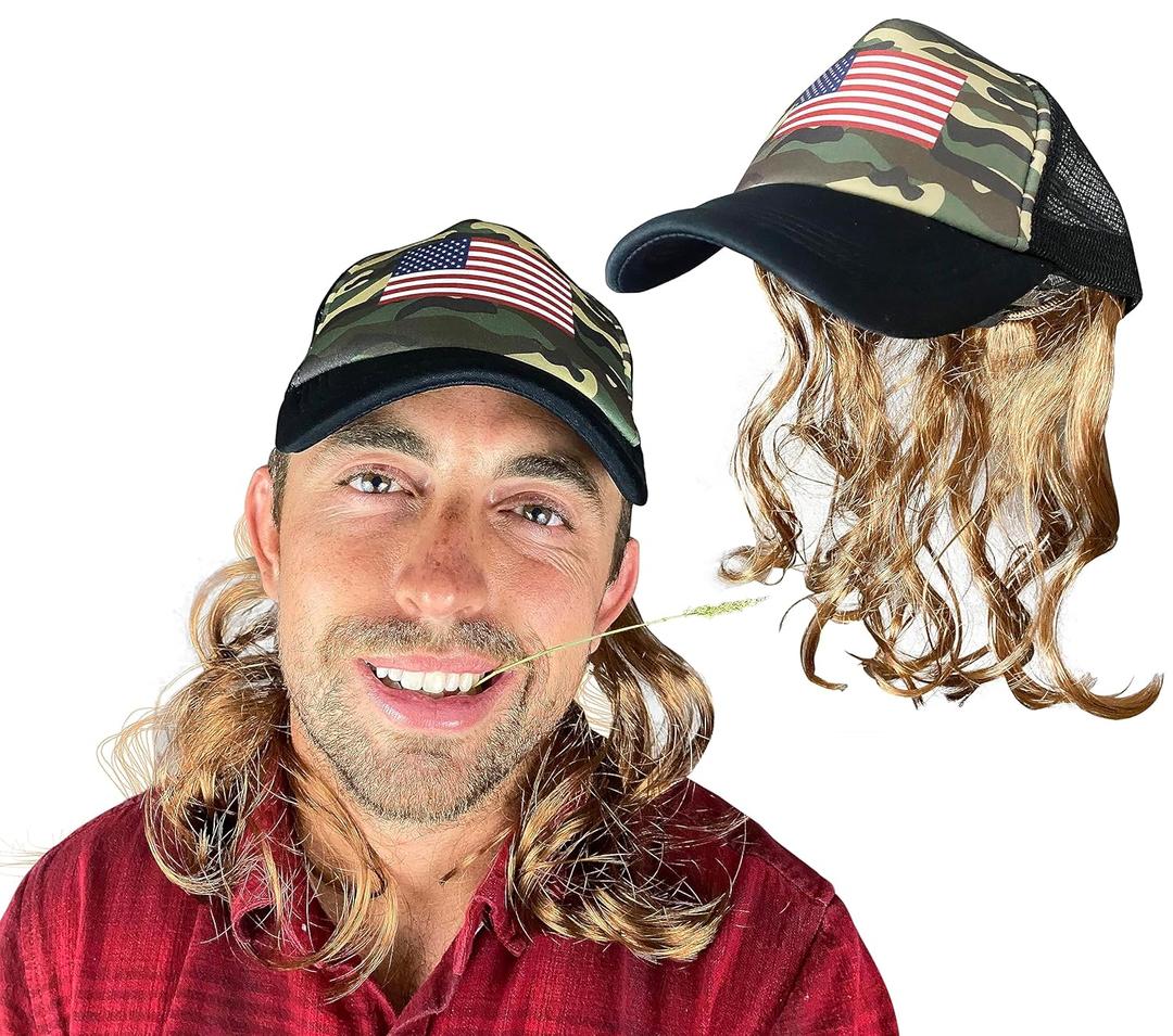 Watt's Wigs - Mullet Hat with Hair - Hillbilly Camo Trucker Cap with Wig - Fits Kids and Adults (Brown)