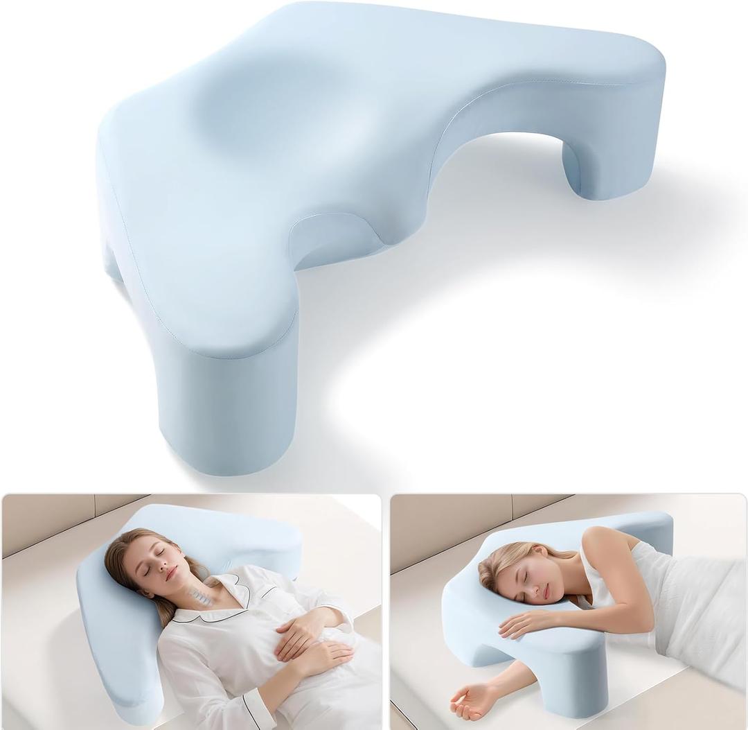 Side Sleeper Pillow for Shoulder Pain Relief, Memory Foam Pillow with Arm Hole & Neck Support Design, Ergonomic Back Sleeping Cervical Pillows with Washable Cooling Pillows Case - Blue