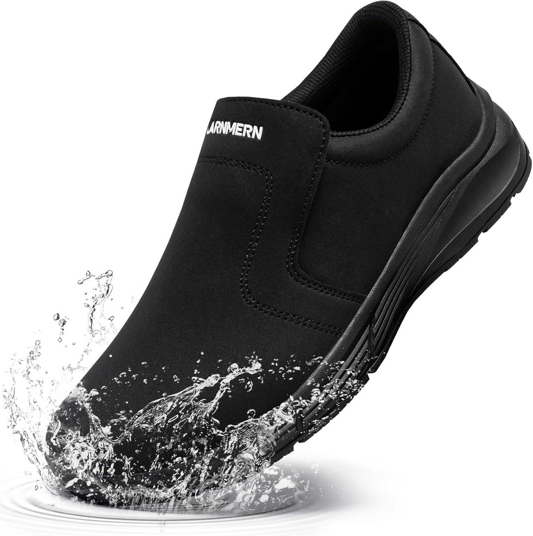 LARN SAFETY Mens Non Slip Shoes Food Service Work Shoe Waterproof Slip Resistant Kitchen Chef Footwear Restaurant Hospital Slip-On Black (11.5 Wide)