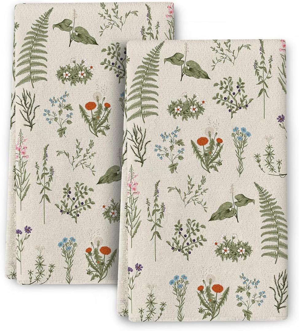 Vintage Floral Kitchen Towels Decorative Set of 2 Sage Green Herbs and Wildflowers Dish Towels Cute Botanic Absorbent Hand & Tea Towel for Kitchen Farmhouse Spring Summer Decor 16"x24"