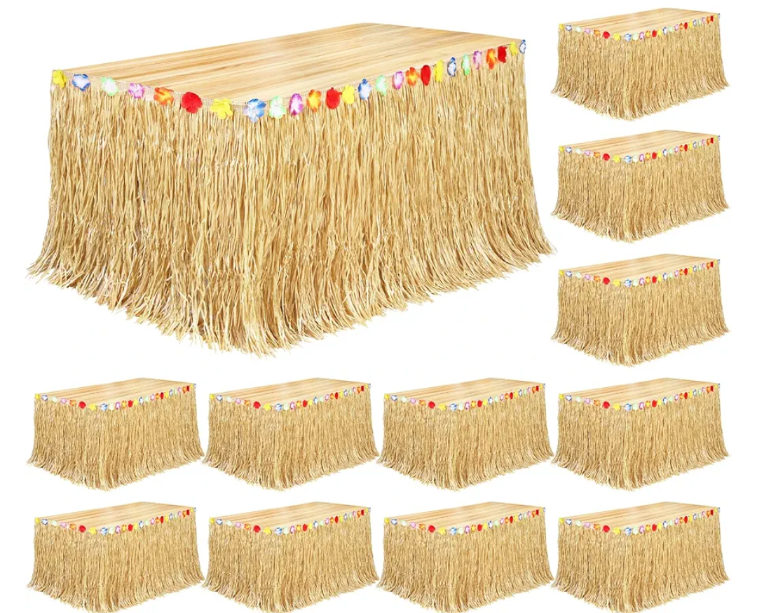 Fovths 12 Pack Luau Grass Table Skirt Natural 9 Feet x 29.5 Inch Hawaiian Table Skirt for Tropical Hawaiian Party Decorations Luau Party Costume Party, Straw Yellow