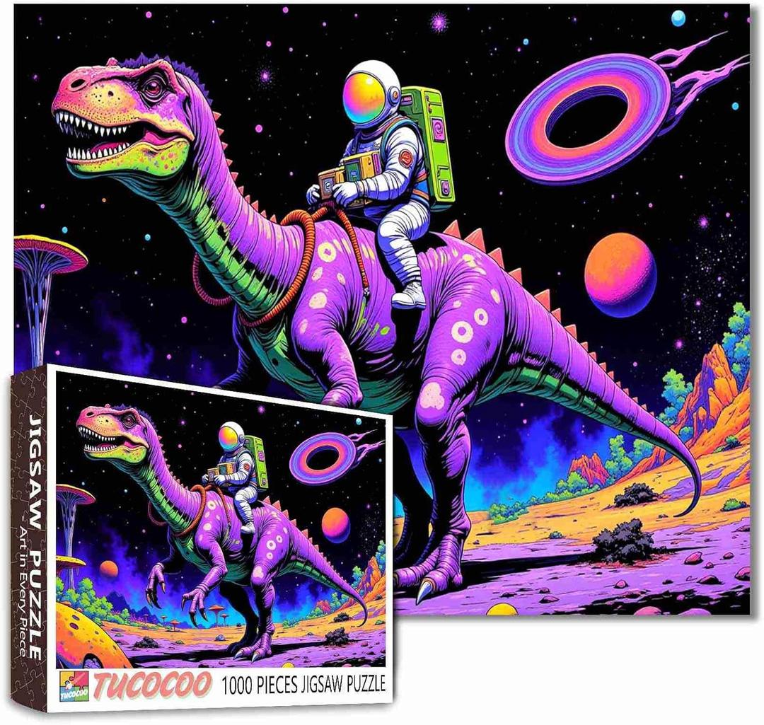 Astronaut Rides Dinosaur Jigsaw Puzzles for Adults 1000 Pieces Outer Space Jigsaw Puzzle Galaxy Nebula Painting Extraterrestrial Organisms Jigsaw Puzzle 20 x 27 Inch Colorful Puzzles for Home