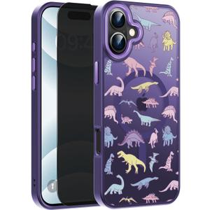 FUNMIKO for iPhone 16 Plus Case with Privacy Screen Protector, Wireless Charging Compatible, Shockproof Translucent Matte Cover - Cute Floral Design Phone Case for Women Girls - Dinosaurs