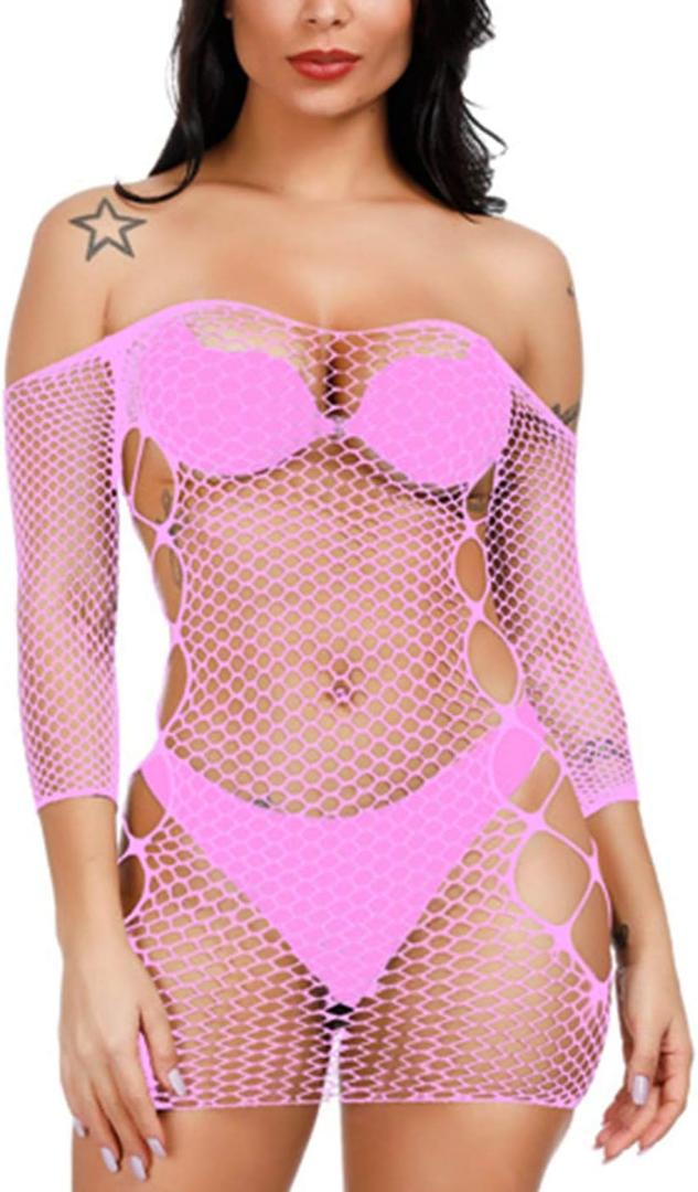 Women Fishnet Lingerie Babydoll Halter Stretch Chemise Bodysuit One Size Mini Dress