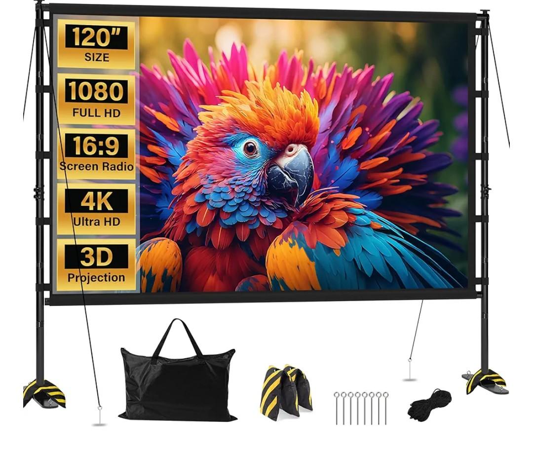 Outdoor Projector Screen with Stand 120 Inch, 16:10 4K HD Portable Projector Screen Indoor, Movie Screen with Carry Bag, Sandbags, Projection Screen for Backyard, Camping, Home Theater
