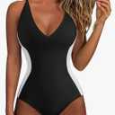 SUUKSESS Women One Piece Swimsuit Slimming Tummy Control Deep V Neck Bathing Suit, L