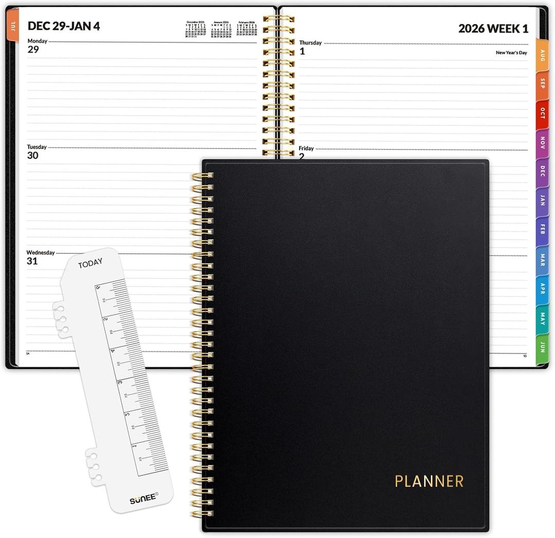 SUNEE 2026 Weekly and Monthly Planner - from January 2026 - December 2026, Daily Agenda Planner with Monthly Tab, Flexible Cover, Note Pages, Pockets, Bookmark, Spiral Binding, Black, 8.5"x11"