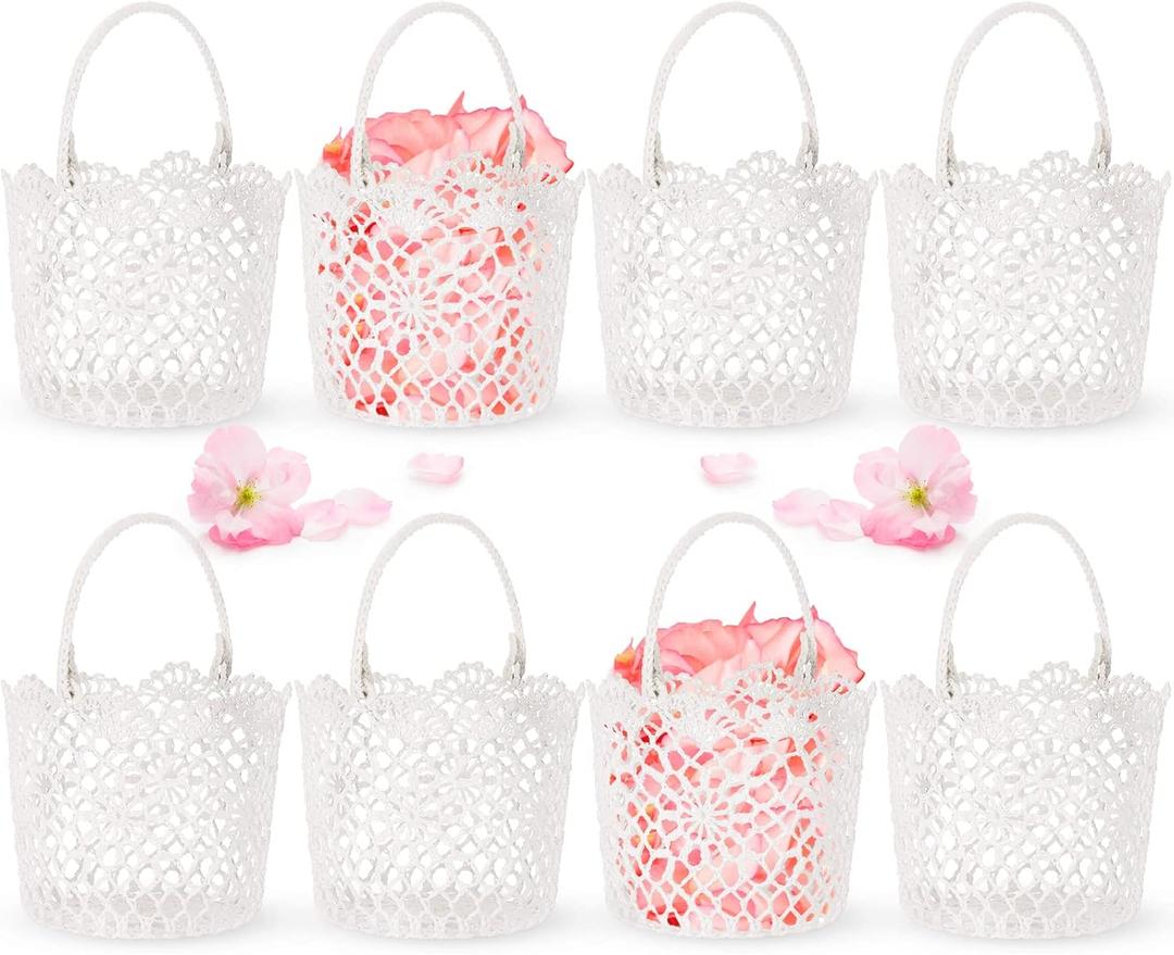 WILLBOND 8 Pcs White Flower Girl Basket with Handle for Wedding Ceremony, 5.9 x 4.72 x 4.33 Inch