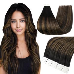 Full Shine Tape in Hair Extensions 18 Inch Color 1B Off Black Ombre 6 Brown Highlight 1B Black Natural Seamless Tape Ins Human Hair Extensions 20 PCS 50 Grams Add Volume