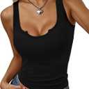 Women Tank Tops Sleeveless Shirt Basic Notched Scoop Neck Ribbed (Black, L)