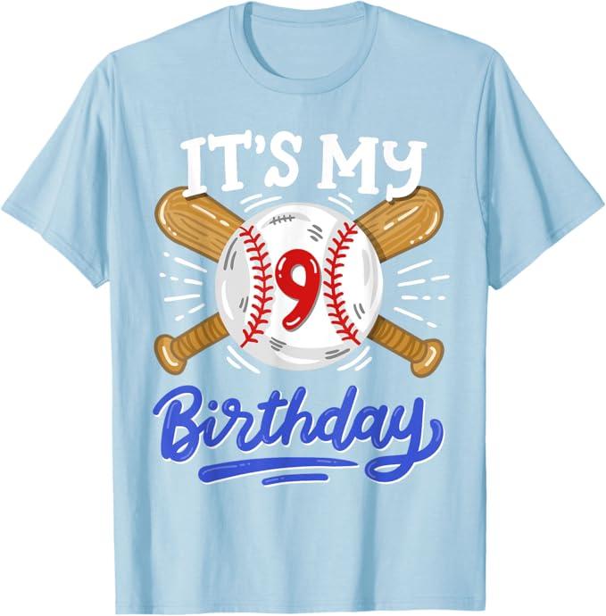 Kids 9th Baseball Birthday Party Boys Sport Fan 9 Years Old T-Shirt (Small, Black)