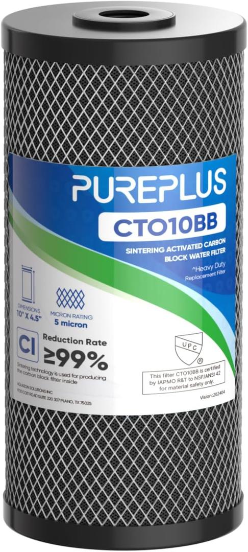 PUREPLUS 10" x 4.5" Whole Home CTO Water Filter Cartridge | 5 Micron Coconut Shell Carbon Block, NSF/ANSI 42 Certified, Compatible with FXHTC, WH-HD200, WFHDC8001, CB-BB-10, 1-Pack