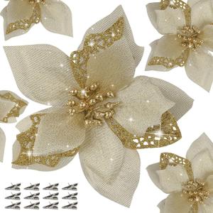Childom 12 PCS Poinsettia Flower Artificial Poinsettia Christmas Decoration 5.9'' Gold Glitter Poinsettias Christmas Ornaments Xmas Tree Flower Decor with Clips DIY Xmas Wreath Holiday Home Party