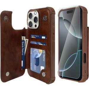 VANAVAGY Compatible for iPhone 16 Pro Max Wallet Case with RFID Blocking Card Holder, PU Leather Flip Cover Magnetic Clasp Kickstand Card Slots Case with Screen Camera Protector,Brown