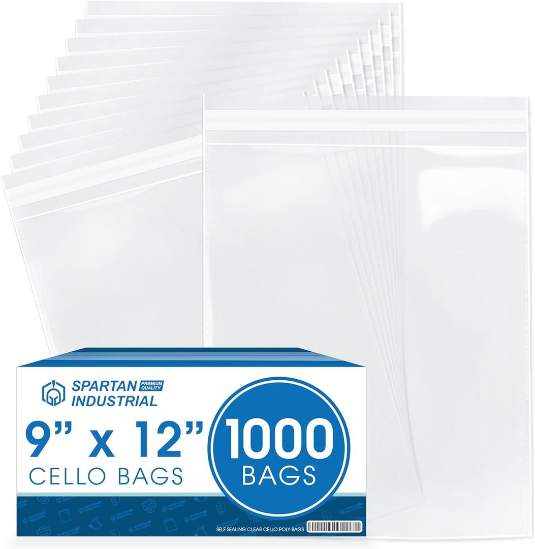 Spartan Industrial - 9" X 12" (1000 Count) Crystal Clear Resealable Cello Poly Bags for Packaging, Clothing & T Shirts - Self Seal & Reinforced