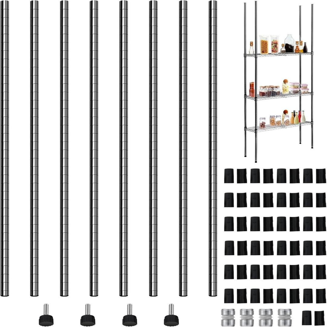 Chrome Wire Shelving Posts Commercial Heavy Duty Poles Wire Shelf Parts with 50 Pcs Clips for 1" Post Rack Accessories, Black (Set of 4, 74 Inch)