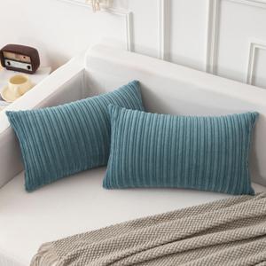 Kevin Textile Set of 2 Oblong Pillow Covers 12x20 Inch Sofa Plush Striped Corduroy Velvet Rectangular Lumbar Throw Pillow Cases Cushion Covers Boho Home Decor for Couch Sofa Bed Chair, Blue Grey