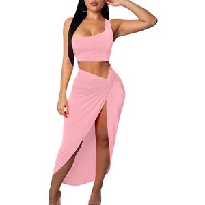 BEAGIMEG Women's Sexy One Shoulder Long Bodycon Slit Skirt 2 Pieces Dress (Small, Pink)