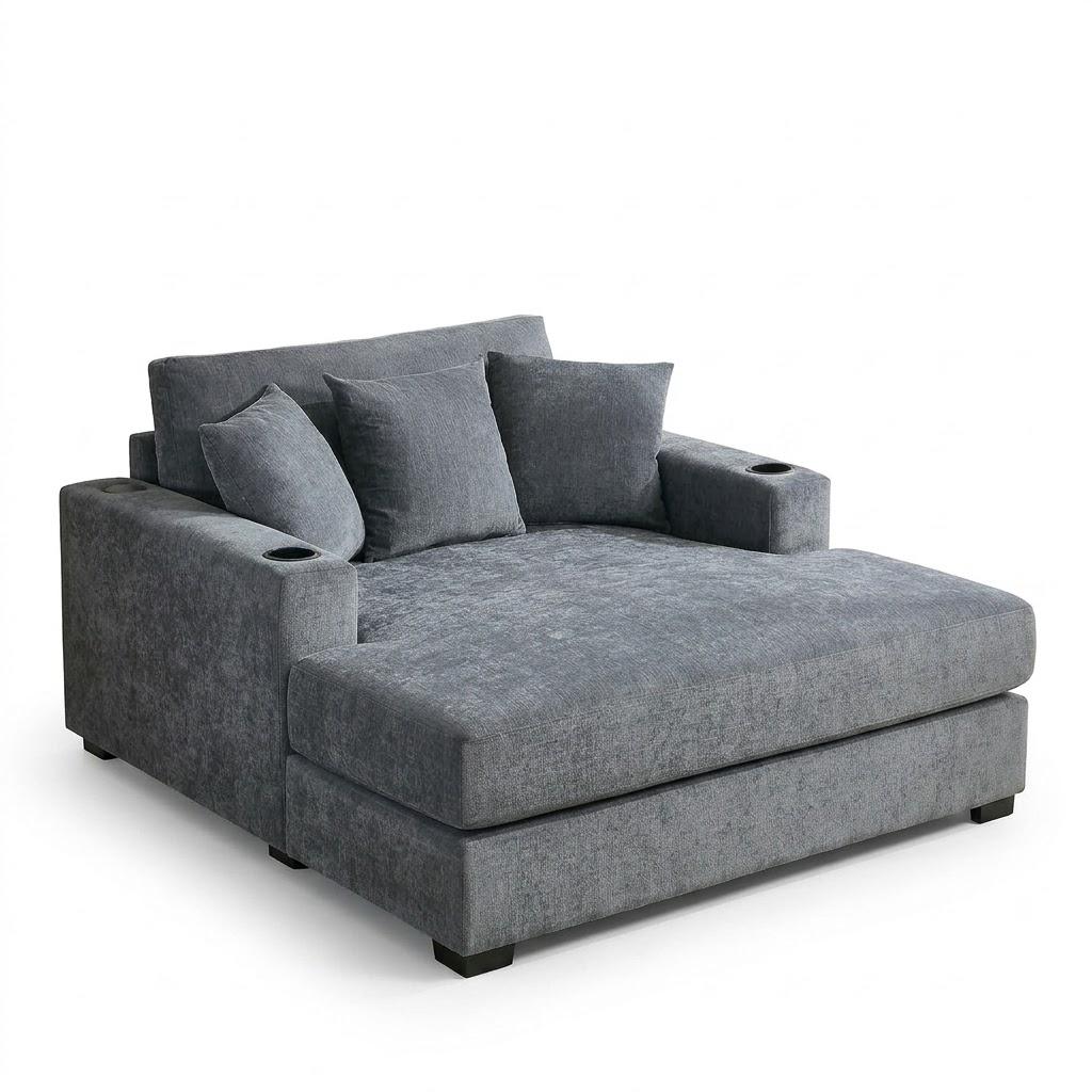 Merax Modern Upholstered Indoor Chaise Lounge with Pillows, Charge Station & Cup Holders, Single Sofa Couch with Armrest and Soild Wood Legs, Blue Gray