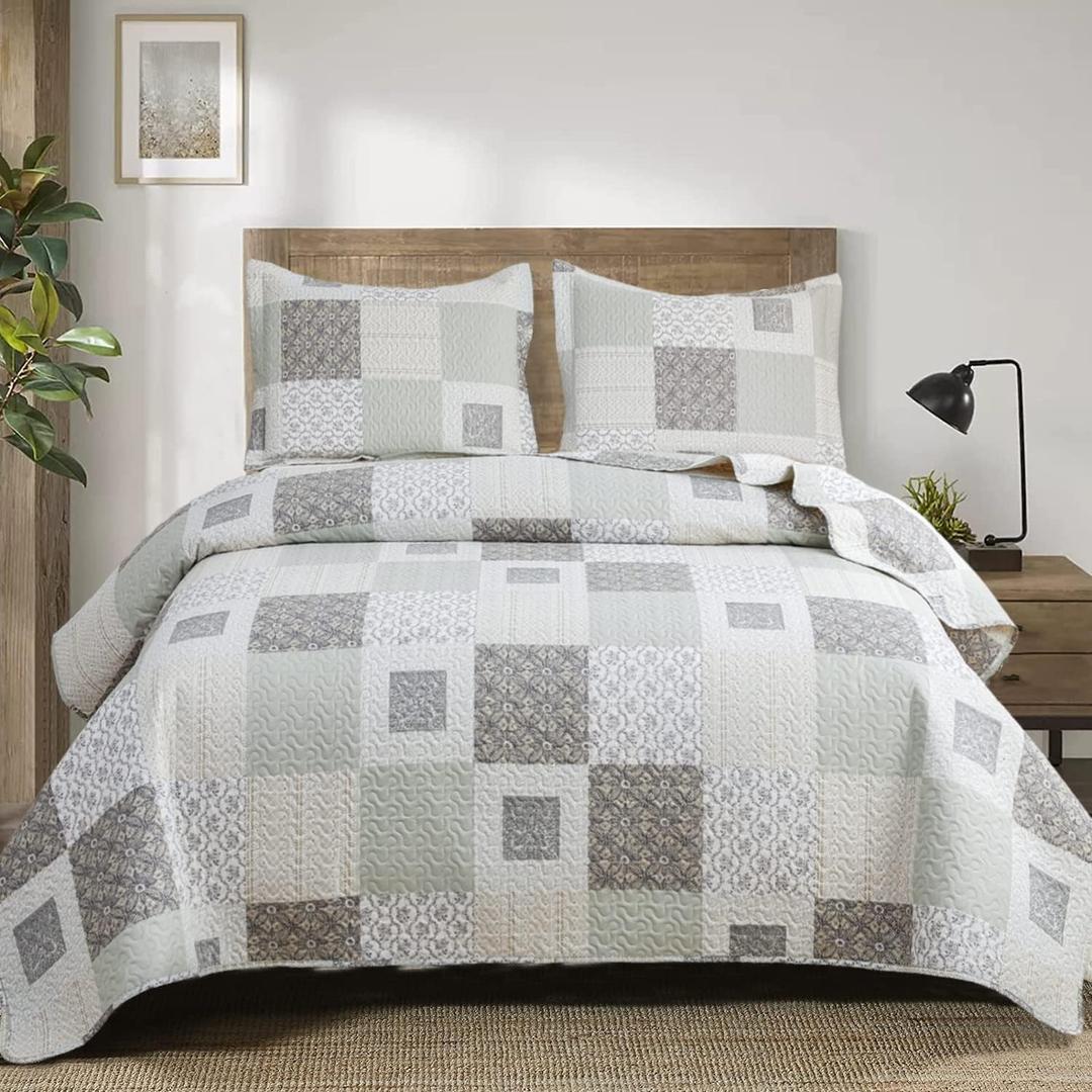 Ycosy Quilt Set King Size Floral Bedspread Coverlet Plaid Patchwork Quilt Bedding Morden Lightweight Bedspread Reversible Home Quilts Grey Floral Bed Cover Set White Beige Plaid Quilt (Grey White)