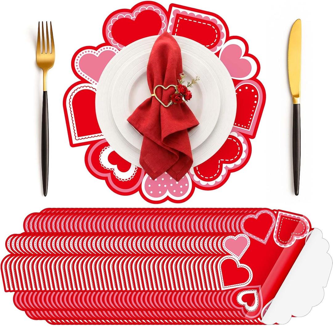 50 Pcs Valentines Round Red Heart Place Mats Pink Disposable Paper Table Mats Bulk Seasonal Valentine Decor for Valentines Anniversary Marriage Proposals Home Party Dining, 12.9 Inch