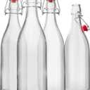 Swing Top Glass Bottles [1 Liter / 33 fl. oz.] [Pack of 4] Flip Top Coquito Bottles for Kombucha, Fermentation, Beer, Kefir, Wine Airtight Stopper Lids with Extra Gaskets, Funnel, Labels & More
