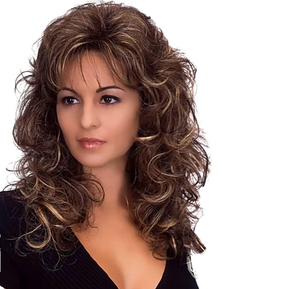 DIGAO Mid-Point Wave Wig,Mixed Brown Wigs,Brown Mixed Blonde Wig,Long Curly,With Bangs Shoulder Length Wigs For Women Wavy Synthetic Mixed Brown Wigs Mid-Length Wigs For Daily Wear( 19In )