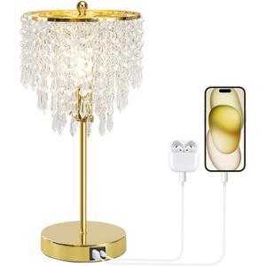 Touch Control Crystal Table Lamp with USB C+A Ports, 3-Way Dimmable Gold Lamp, Bedside Light with Crystal Shade, Girls Lamp for Bedroom, Living Room, Teens Room, Dresser, 6W LED Bulb Included
