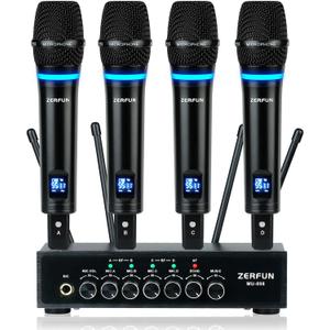 Pro Rechargeable Wireless Microphone System 4 Channel, UHF Metal Handheld Wireless Microphones Cordless Mics with Echo Bluetooth VOL Channel Control for Karaoke Singing Church(MU-898)