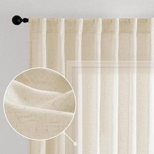 Novecozy Natural Linen Beige Semi Sheer Curtains 54 Inch Long 2 Panels Set for Bedroom Kitchen, Backtab Rod Pocket Farmhouse Boho Linen Textured Light Filtering Short Small Window Drapes, Beige