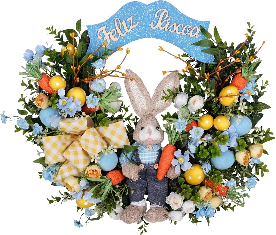 24" Large Easter Wreath for Front Door with Cute Rabbit Carrot Eggs Flowers Bow Sign, Farmhouse Spirng Easter Decoration for Home Porch Wall Mantel Window Outdoor Indoor Decor