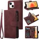 RANYOK Wallet Case Compatible with iPhone 13/14 (6.1 inch), Premium PU Leather Zipper Flip Folio Wallet RFID Blocking with Wrist Strap Magnetic Closure Built-in Kickstand Protective Case (Wine Red)