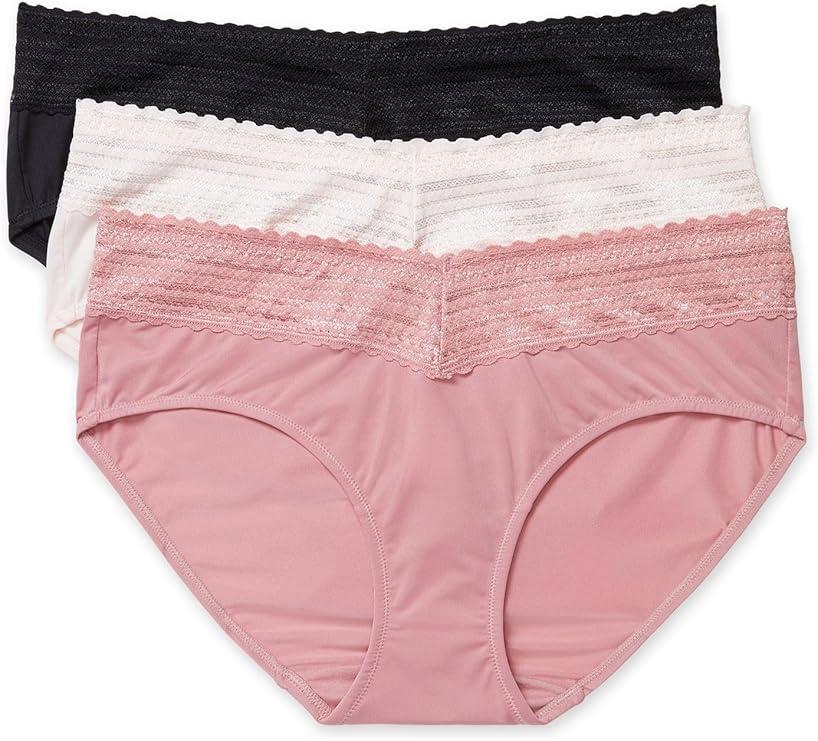 Warner's Women's Blissful Benefits Dig-Free Comfort Waistband with Lace Microfiber Hipster 3-Pack Ru1796w (Large, Toasted Almond/Black and White Pin Dot /Black/Butterscotch/White/Toasted Almond Lace Dot)