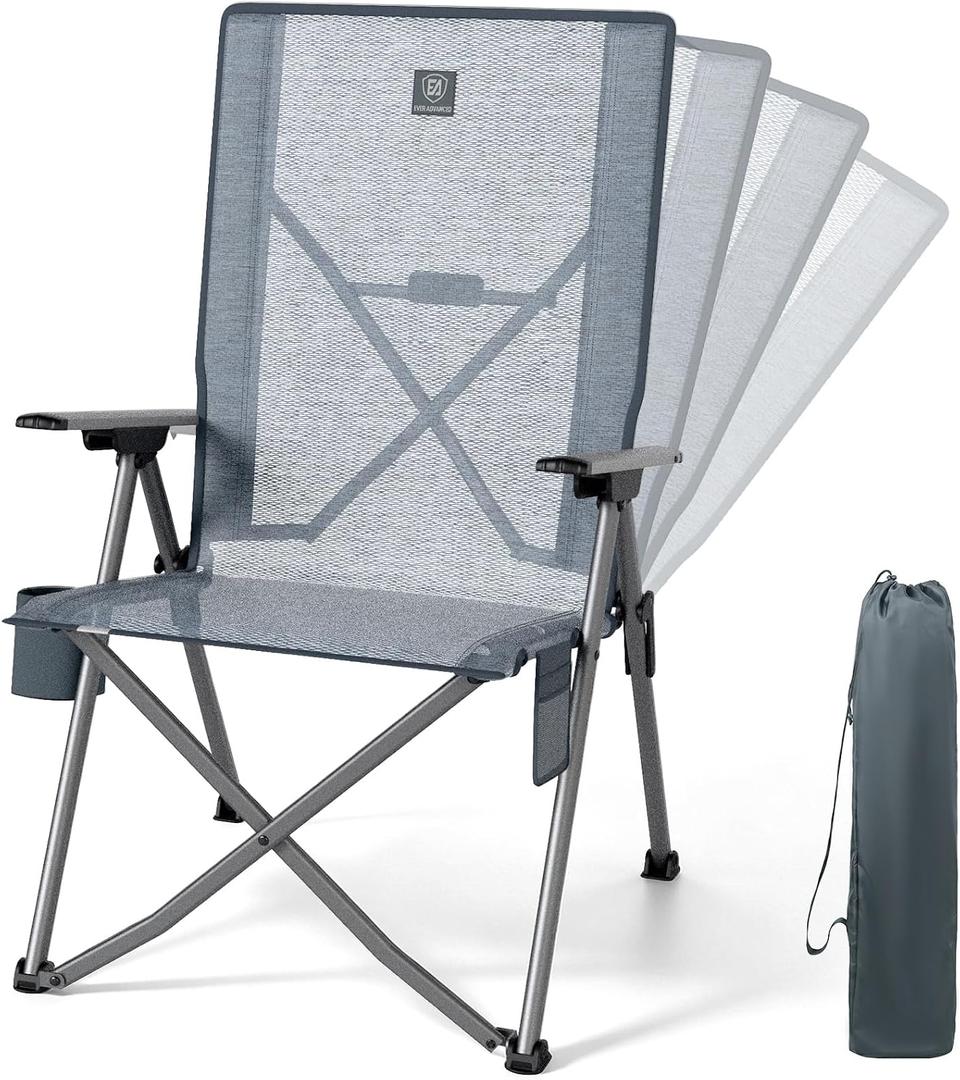 EVER ADVANCED Reclining Camping Chairs for Adult Supports 350lbs Mesh Grey | Lightweight, Portable Compact Folding Chair with High Back, 4-Level Recliner Chairs, Lawn Chair for Patio Balcony