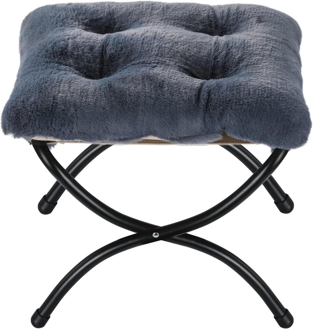 15" Foldable Foot Stool Ottoman with Metal Frame - Washable Faux Fur Navy Upholstered Indoor/Outdoor Footrest for Living Room, Bedroom, Patio - Space-Saving Compact Design, Small